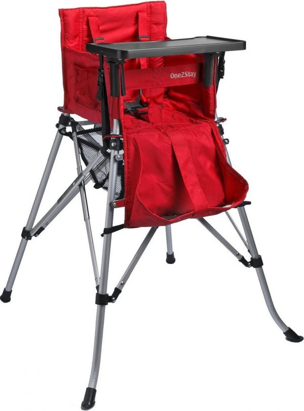 One2Stay Basic+, Opvouwbare Kinderstoel met 5 punts veiligheidsgordel en afneembaar eetplateau - Rood