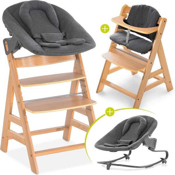 Hauck Alpha Plus Kinderstoel - Newborn Set Premium - Hout / Jersey Charcoal