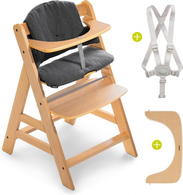 Hauck Alpha Plus Kinderstoel - Voordeelset met Premium Kussenset - Hout / Jersey Charcoal